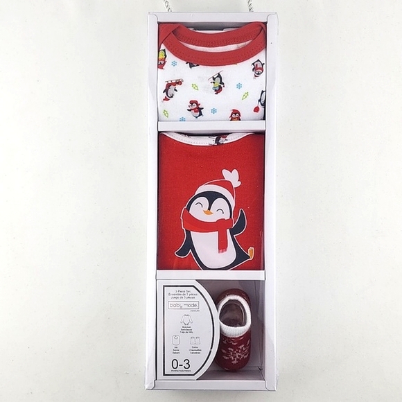 Baby Mode Signature 3 Pc Penguin Winter Gift Set Box Bodysuit Bib Socks Size 0-3 - Picture 2 of 12